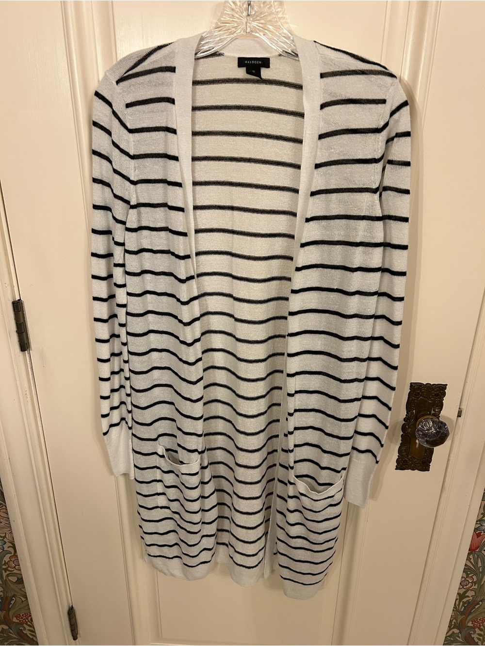 Halogen White and Black Striped Long Open-Front Light Weight Cardigan